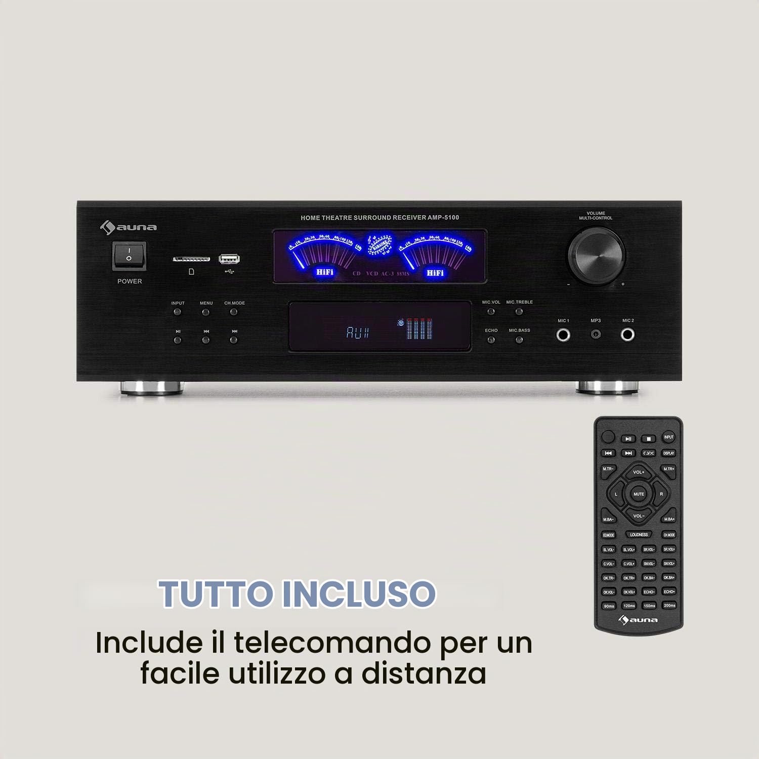 auna AMP 5100 BT 5.1 - Amplificatore, 2 x 120 Watt + 3 x 50 Watt RMS, Bluetooth, USB, SD, 2 Connessioni Microfono, Ingresso AUX, 2 VU-Meter, Nero