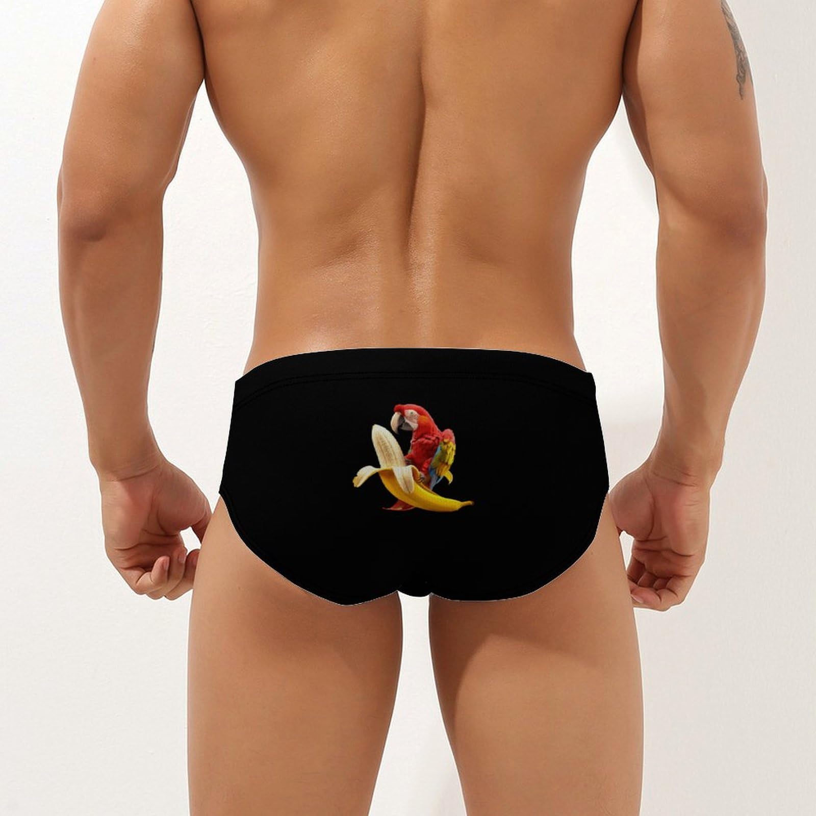 Funny Parrot and Banana Mens Swim Briefs Quick Dry Swim Trunk Bikini Underwear Swimsuit M