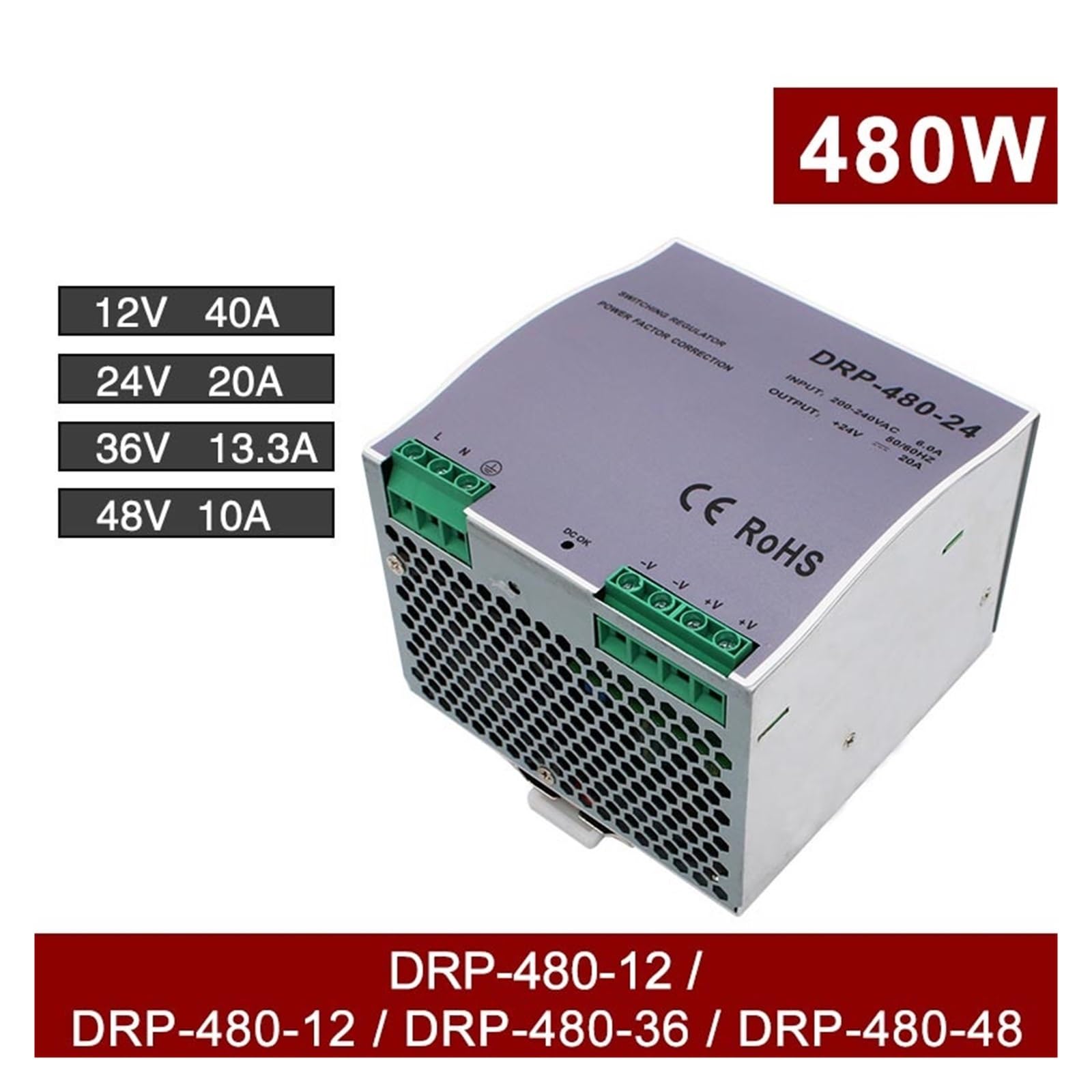Zasilacz impulsowy, 480W DC 12V 24V 36V 48V napięcie wyjściowe 10A 13.3A 20A 40A DRP-480 typ szynowy przełączający transformator zasilający(DRP-480-36V 13.3A)