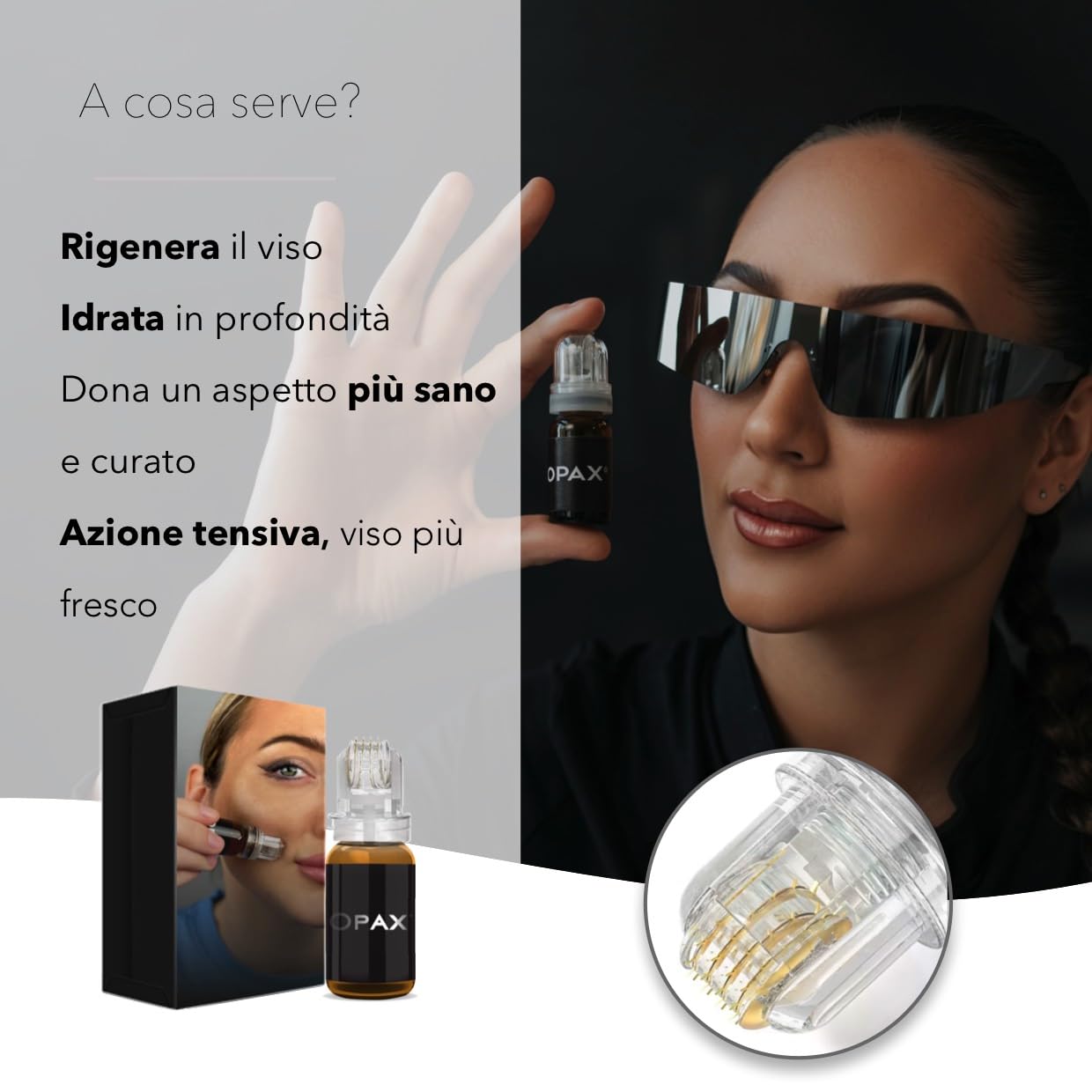Opax Dermaroller 0.25 mm Per Microneedling Viso, SkinCare Effetto Lifting - Siero 10ml Con Acido Ialuronico Viso, Coenzima Q10, Collagene E Acido Ialuronico, Elastina - Made In Italy