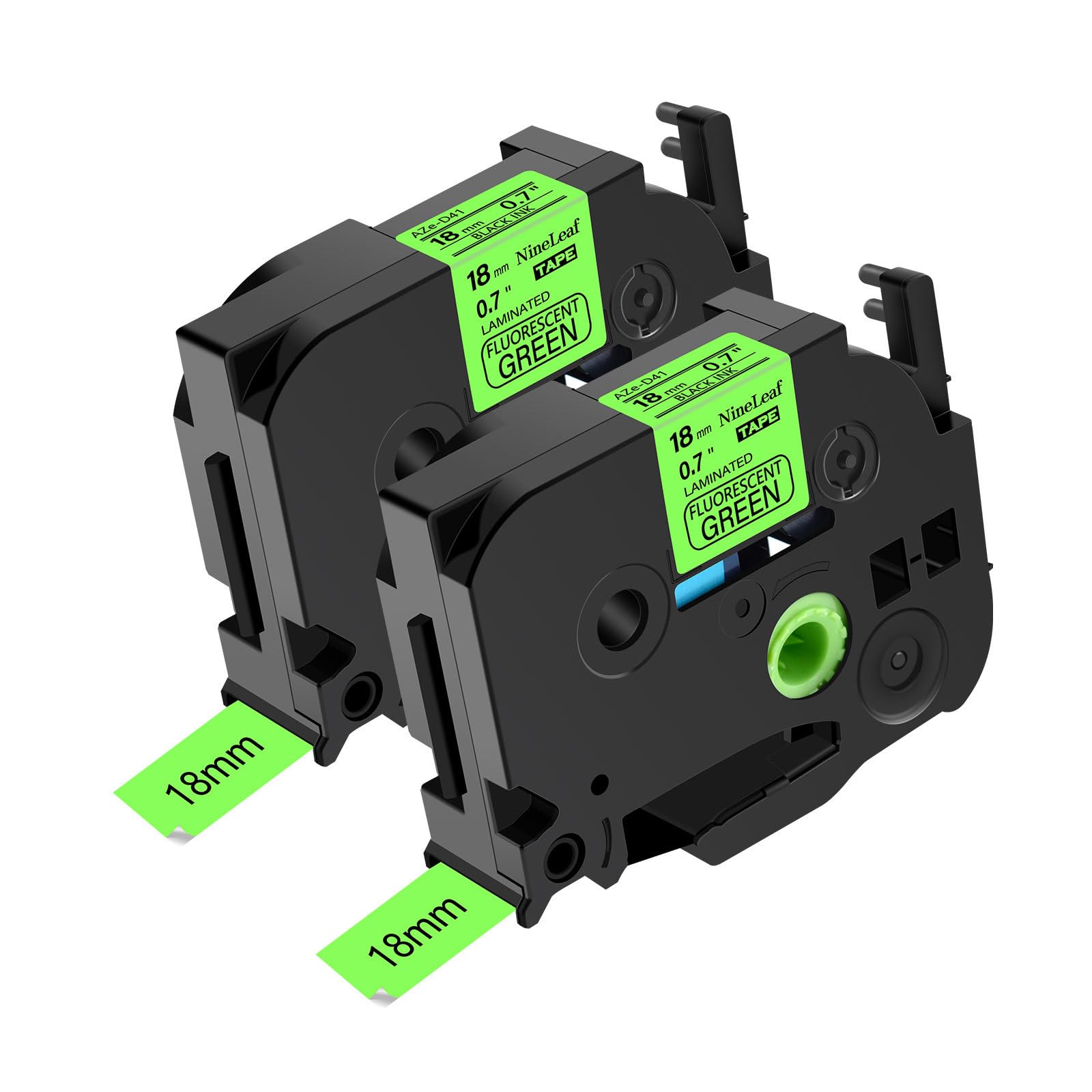 NineLeaf Compatible for Brother 18mm 0.7'' TZe-D41 TZ-D41 TZeD41 TZD41 AZe Laminated Black on Fluorescent Green Label Tape Cassette for P-Touch Label Maker Refills PT-E500VP D200SA D200BT, 2PK