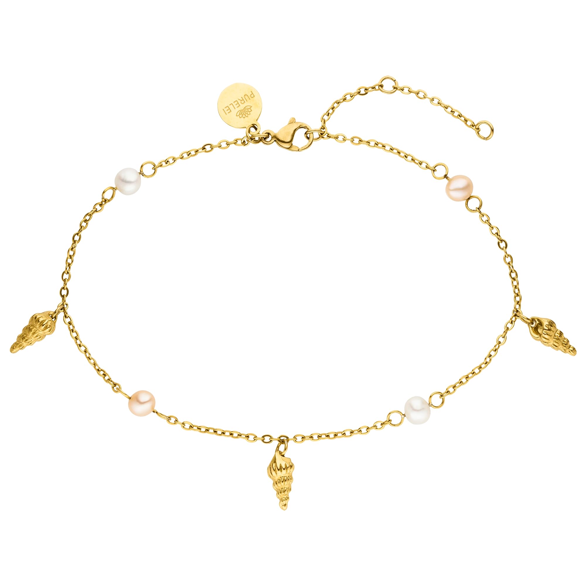 Purelei® Bracelet de cheville Akala pour femme - Acier inoxydable plaqué or 18 carats / rose / argent - Avec de véritables perles d'eau douce et pendentifs en coquillages - Réglable de 21 à 25 cm