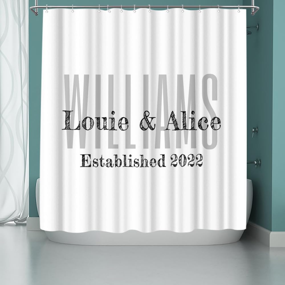 iLOOKLiKE Personalized Monogram Shower Curtain Custom White Family Last Name Bathroom Curtain Set Modern Durable Fabric Polyester Bathtub Decor for Couple Housewarming Gifts 72x72inch with Hooks