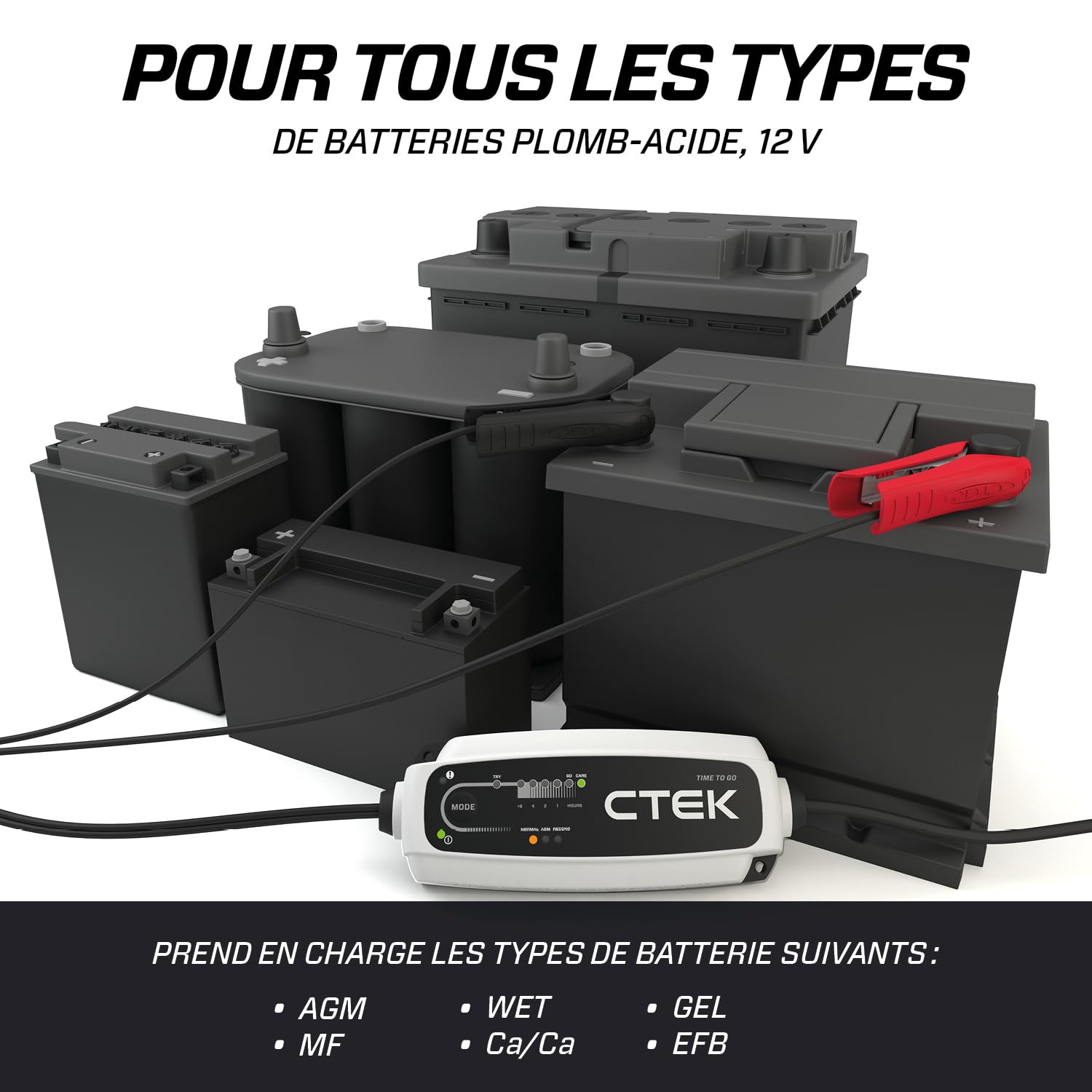 CTEK CT5 Time to Go, 12V Chargeur/Mainteneur De Charge De Batterie, Compte à Rebours, Indicateur De Démarrage, Compensation De Température Intégrée, Mode De Reconditionnement, Option AGM