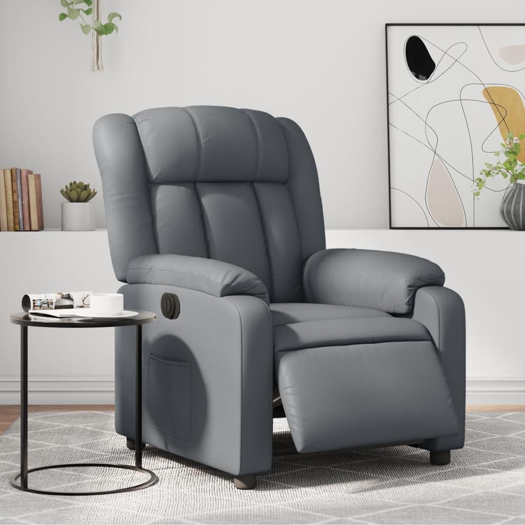 Fotel relaksacyjny, elektryczny, szary, sztuczna skóra, z funkcją leżenia i regulowanym oparciem, wygodny fotel telewizyjny z podłokietnikami, rama drewniano-metalowa, ergonomiczny do salonu