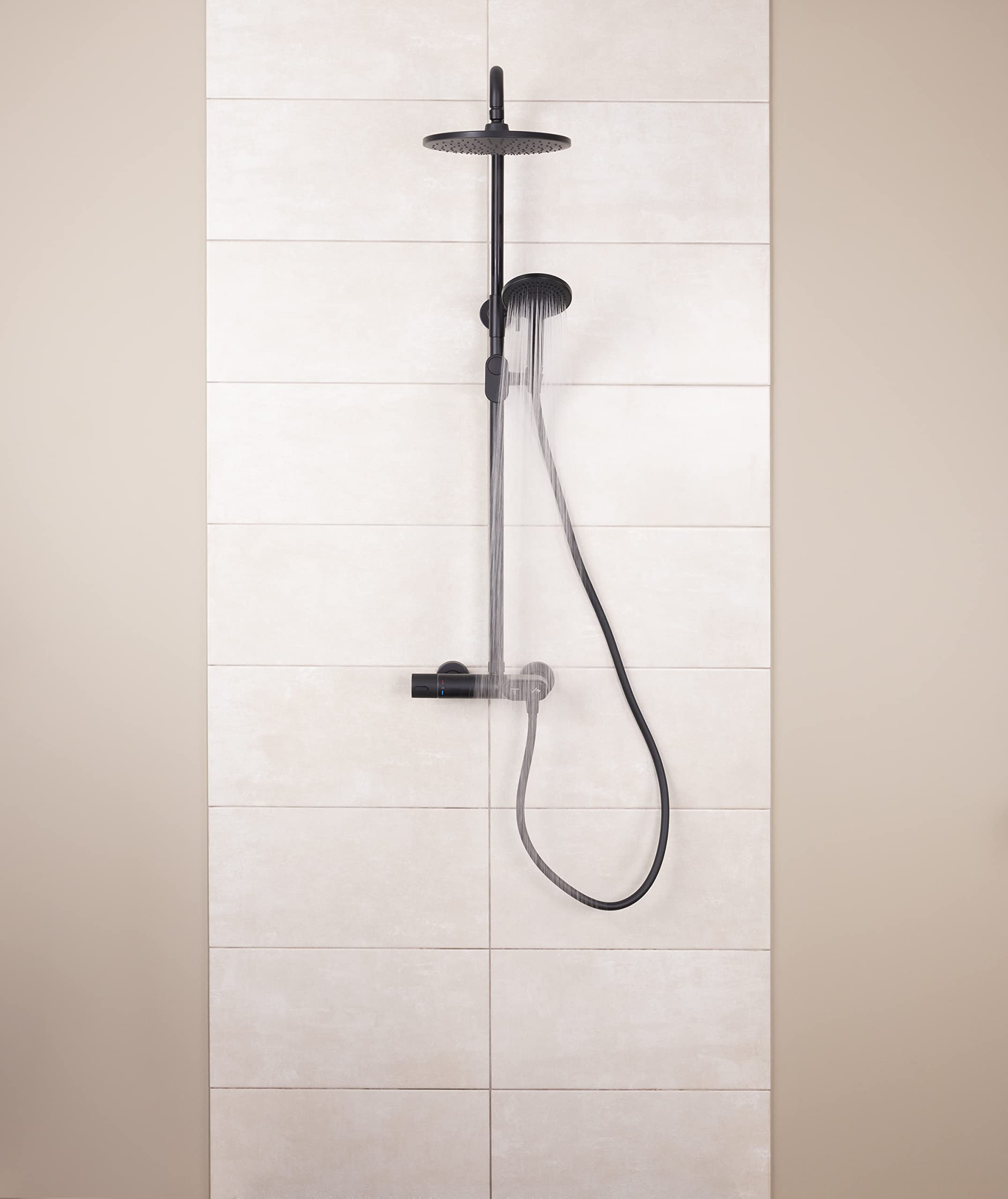 Columna de ducha termostática SWITCHEA | acabado negro mate | rociador redondo + teleducha con barra | diseño moderno y funcional | EUROSANIT