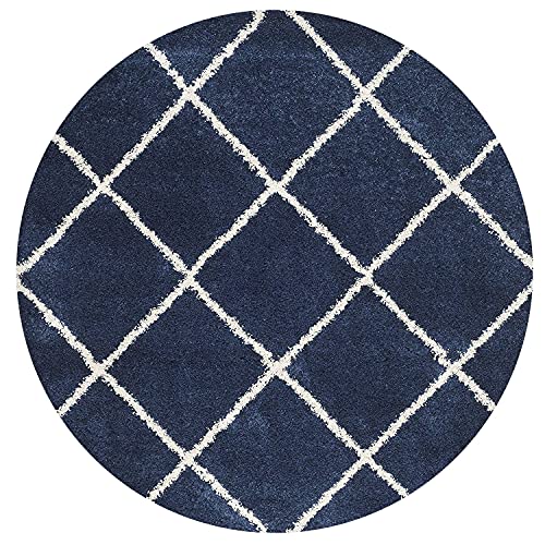 Image of Handmade Round Shaggy Fur Carpet and Rug for Bedroom, Living Room, Hall, Kids Room (6x6 Feet Round, Navy Blue & Ivory)