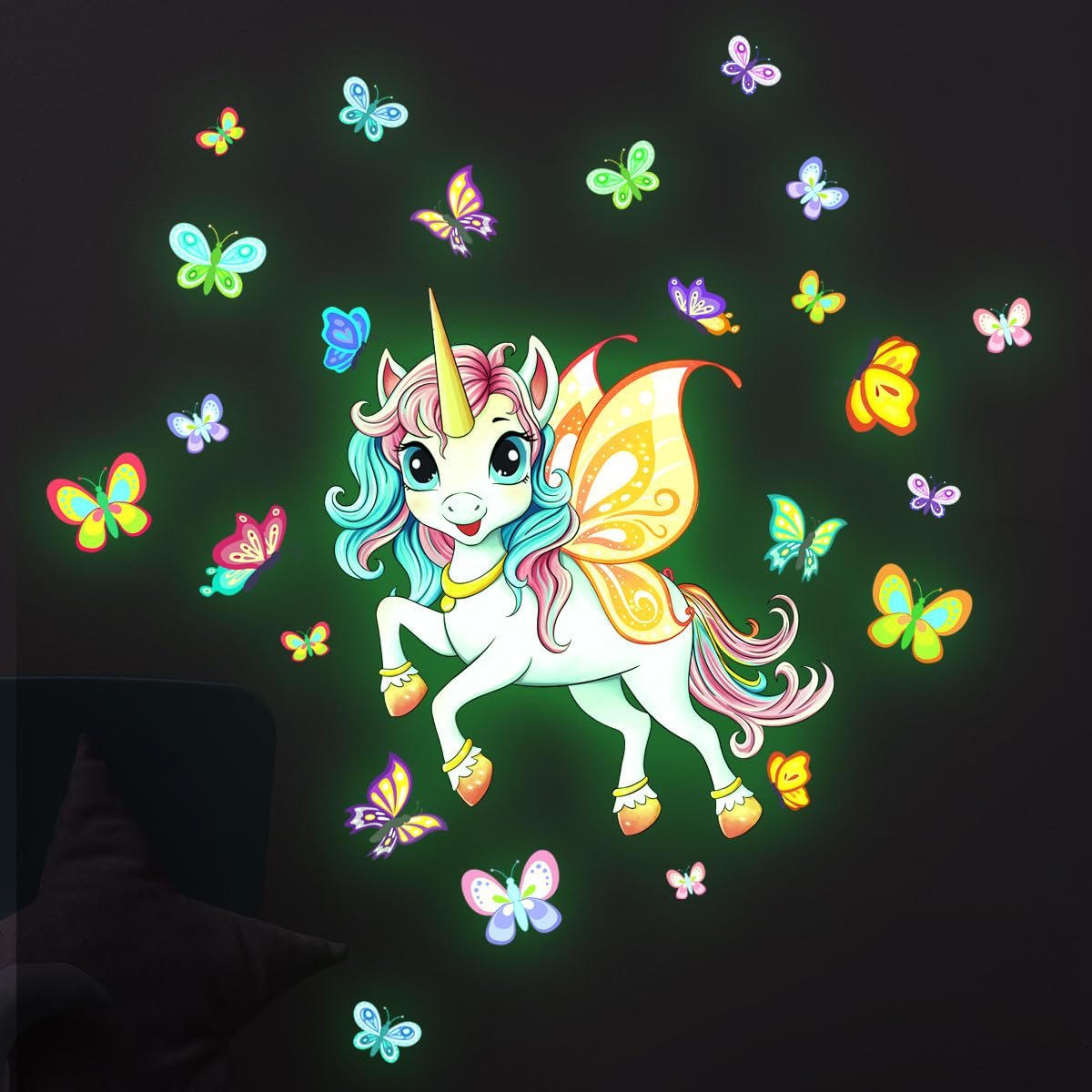 Einhorn Wandtattoo Kinderzimmer Leuchtend Schmetterling Wandaufkleber Mädchenzimmer Leuchtsticker, Leuchtaufkleber Fluoreszierend Wandsticker Babyzimmer Deko Geschenke für Mädchen Grün