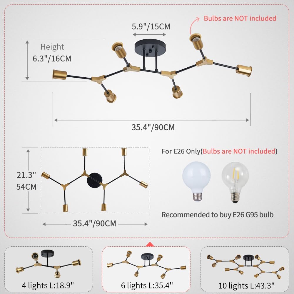 Modern Mid Centur 6 Light Semi Flush Mount Ceiling Lighting Fixture for Living Room Bedroom Dining Room Hallway Kitchen Office,Minimalist Gold and Black Sputnik Chandelier