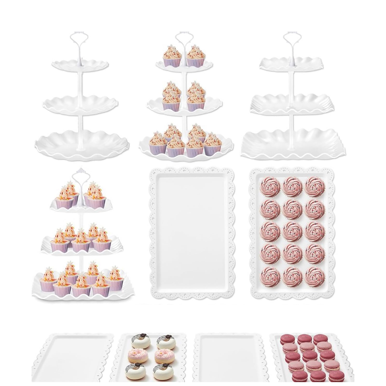 Alzata in plastica a 3 ripiani, 10 pezzi, per feste, caramelle, buffet, dessert, tè, piatti da portata (bianco)