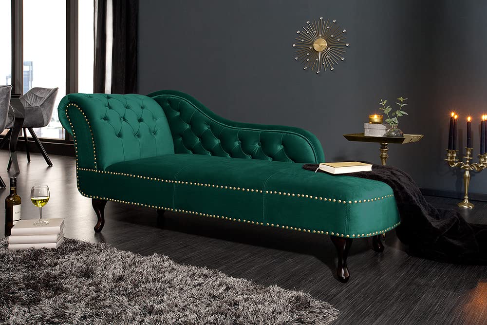 Recamiere CHESTERFIELD - 170cm - smaragdgrün - Samt Knopfheftung Design | Armlehne, Rundumbezug, Nietenbesatz, Nosagfederung, Wellenfederung, hoher Komfort, angenehme Haptik, Eyecatcher