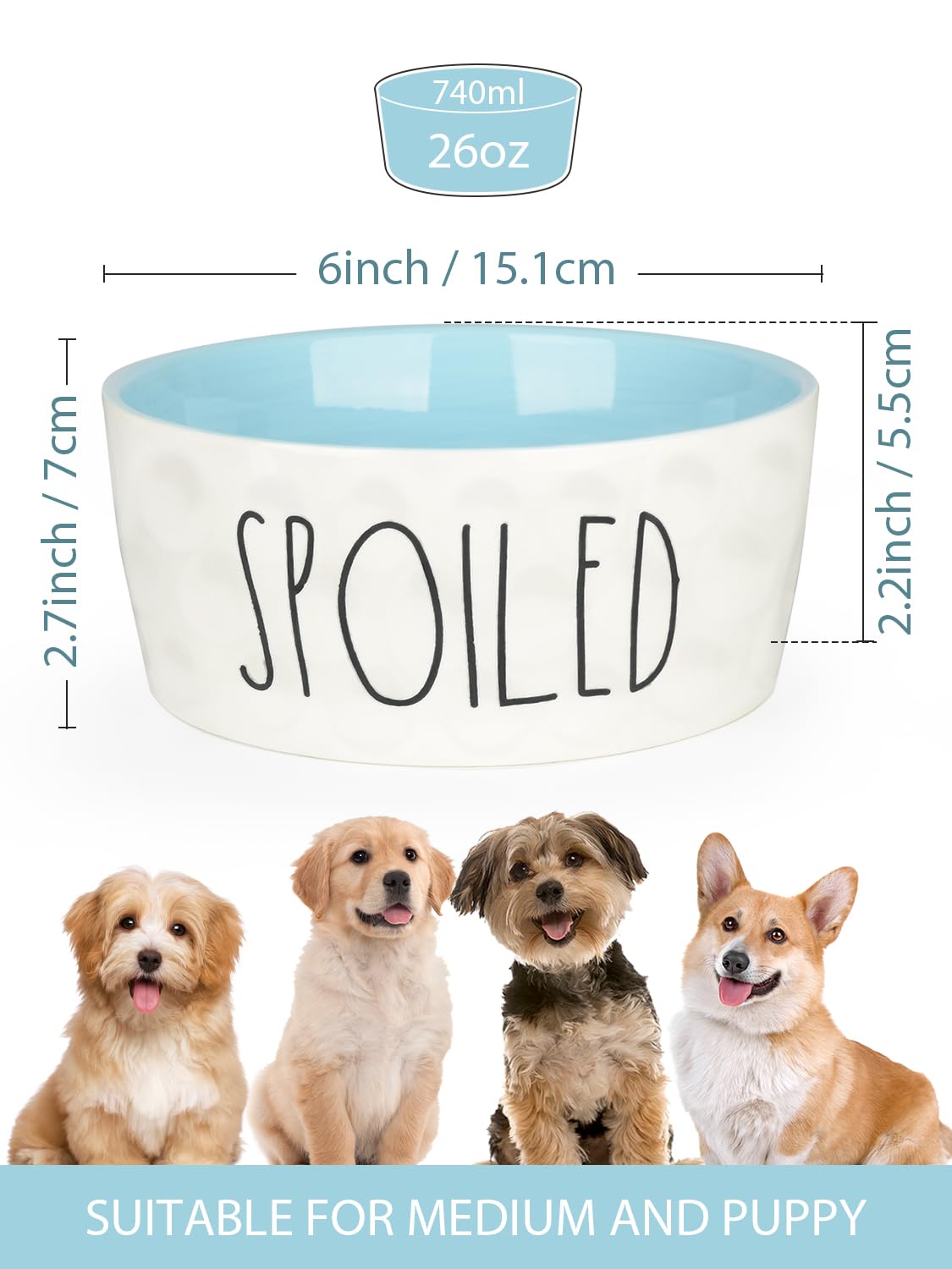 WoofinPets 70OZ Ceramic Dog Bowl - 8'' Extra Large Food Water, Heavy Duty Non-Slip Dog Dish for Medium and Large Dogs, Food Grade Porcelain Pet Feeder Bowl, Microwave & Dishwasher Safe, Pink: 6 inch Blue