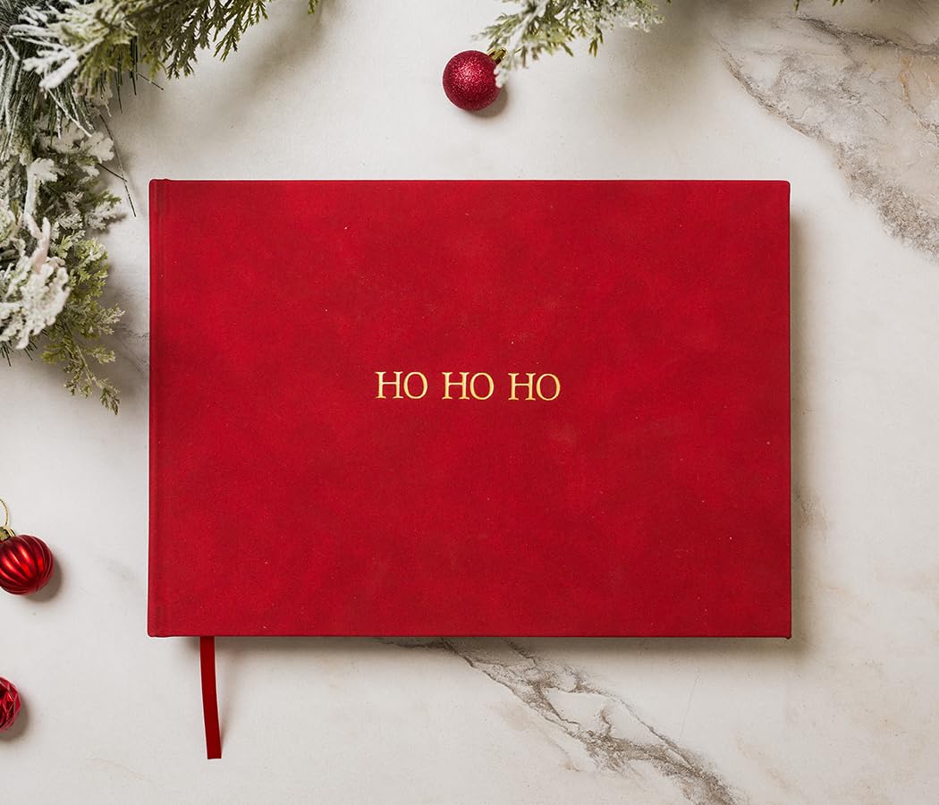 Holiday Memory Book (rosso) – Copertina rigida in velluto goffrato con lamina d'oro, 120 pagine bianche, carta spessa 140 g/m², segnalibro con nastro, biglietti di Natale