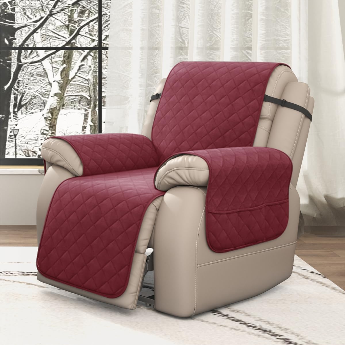 CHUN YI Recliner Chair Cover, Non-Slip Recliner Covers That Stay in Place, Washable Lazy Boy Recliner Covers with Pockets, Water Resistant Recliner Slipcover for Pets (Wine, Large Recliner)
