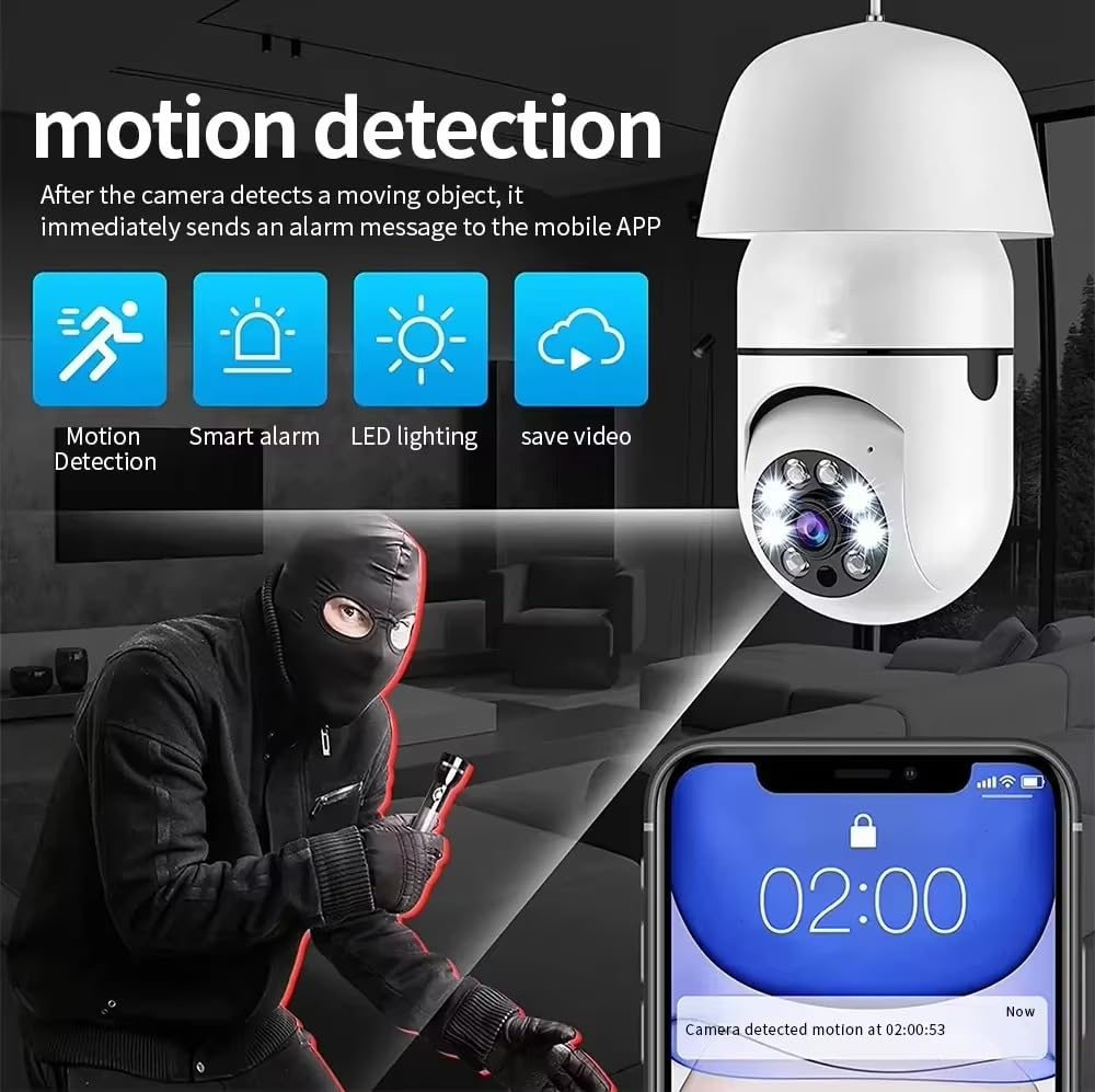 2 Piezas Cámara de Bombilla, Cámara IP con Bombilla E27 Cámaras PTZ 360 Grados Camara WiFi Exterior Visión Nocturna en Color + Detección de Movimiento + Audio Bidireccional