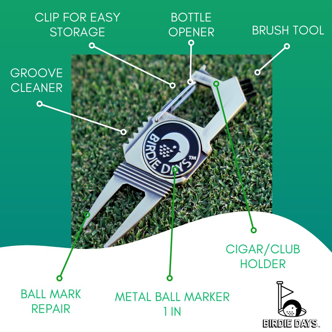 Golfballmarkierer und Pitchgabel Set | Antik Silber Finish | 2 Marker und 1 Pitchgabel | 7-in-1 Werkzeug mit Flaschenöffner | Rillenbürstenreiniger | Magnetischer Markierhalter