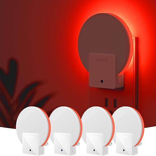 Lyridz Red Plug in LED Backlit Night Light, Auto Dusk to Dawn Sensor, 1-50 LM Dimmable Sleep Aid Nightlight Indoor for Bedroom, Kids Room, Elderly Housing, Bathroom, Kitchen, Stairs, Hallway, 4 Pack - White - 4 - Red