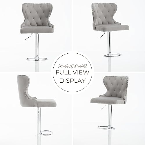Miniatura 8 de Juego de 2 taburetes de bar giratorios ajustables, sillas tapizadas de terciopelo con borde de cabeza de clavo, reposapiés plateado y respaldo alto