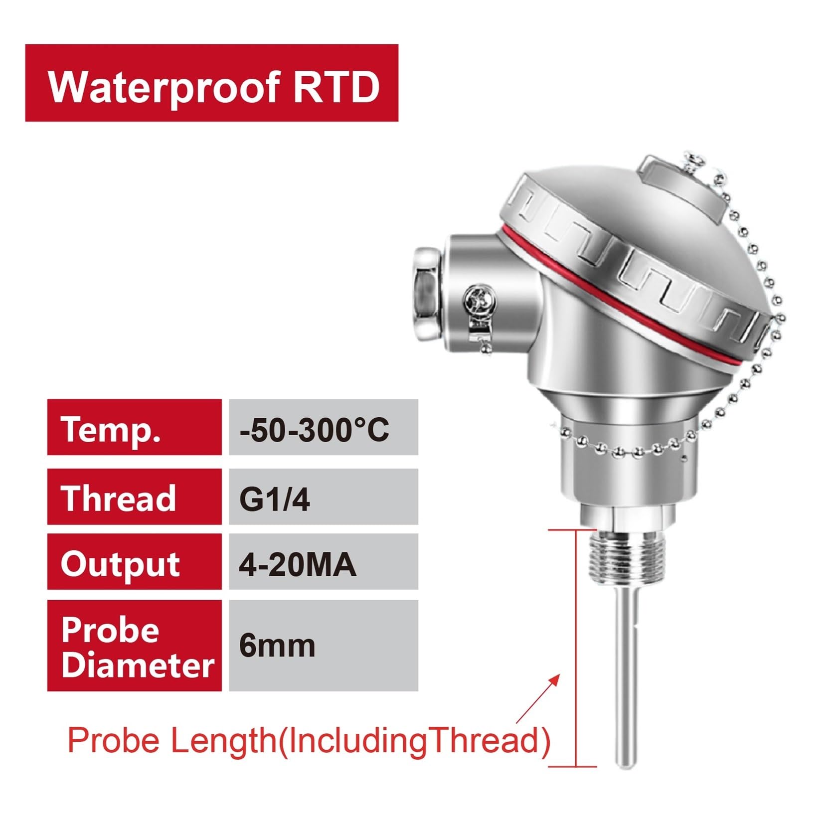 sensor Transmisor de temperatura PT100 RTD impermeable con salida de 4-20 mA y sonda de acero inoxidable for medición de líquidos.(4-20MA,250mm)