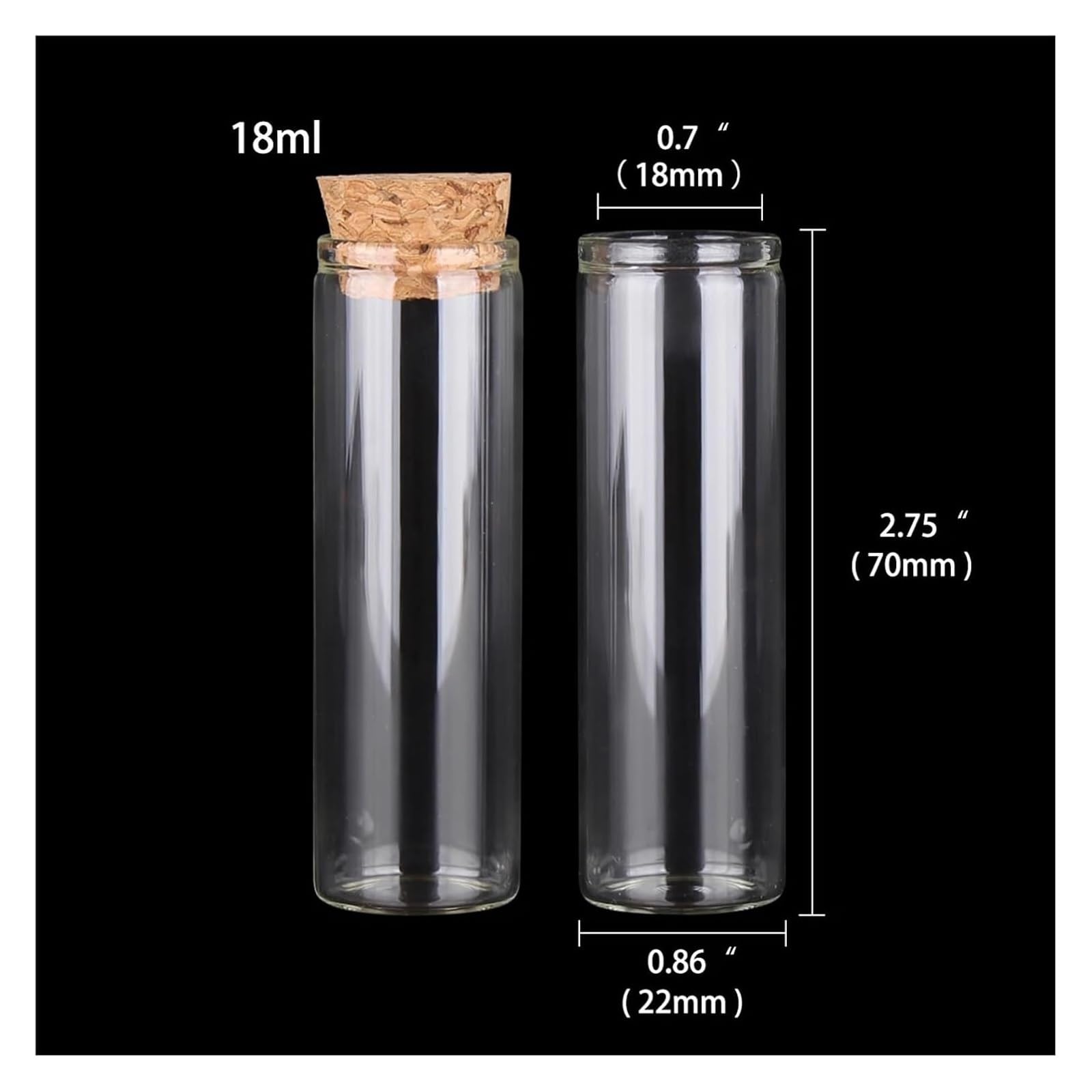 Provette in Vetro Trasparente, Provette in Vetro con Tappo in Sughero, Confezione da 24 Formati Multipli 5 ml a 30(18ml 70mm)