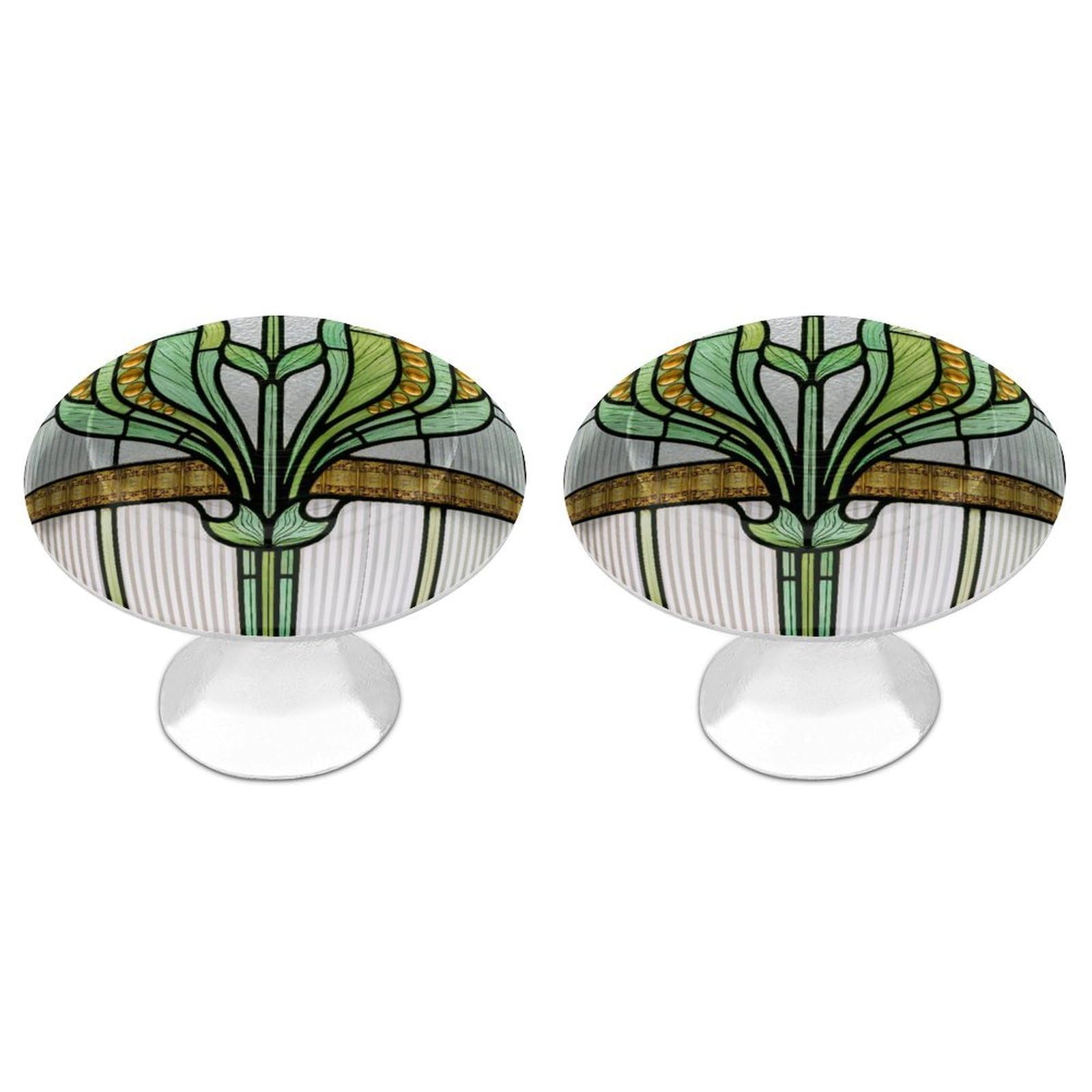 Jubonexis Stained Glass Panel Stylized Floral in Green Round Drawer Cabinet Knobs Handles with Screws,2 Pcs, Drawer Dresser Knob Pulls Decor for Wardrobe Cupboard Home Office Kitchen