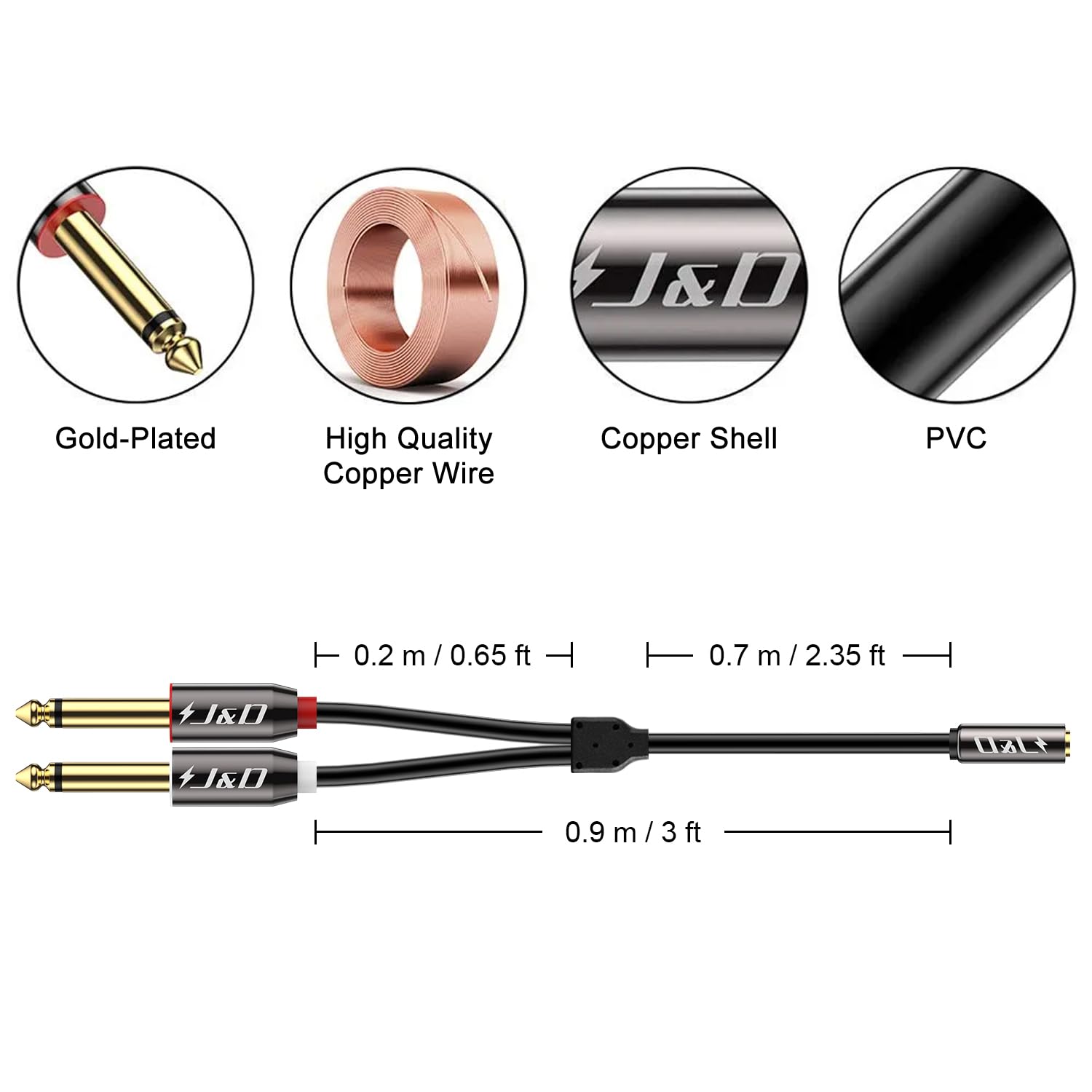 Câble Audio 3,5 Mm Femelle Vers 2 X 6,35 Mm Mâle - 1,8 M, Connecteurs Plaqués Or, Pour Connexion Table De Mixage, Ampli, Enceintes