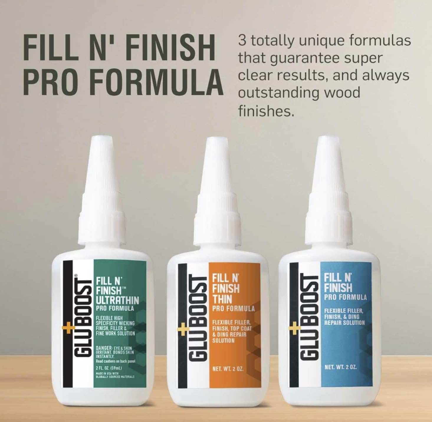 GluBoost Fill n’ Finish Pro Formula – Self-Leveling, Flexible, Clear Wood Filler for Cracks, Dings, and Repairs – Interior Pore and Wood Grain Filler for Finishing and Repair – 2 oz Solution