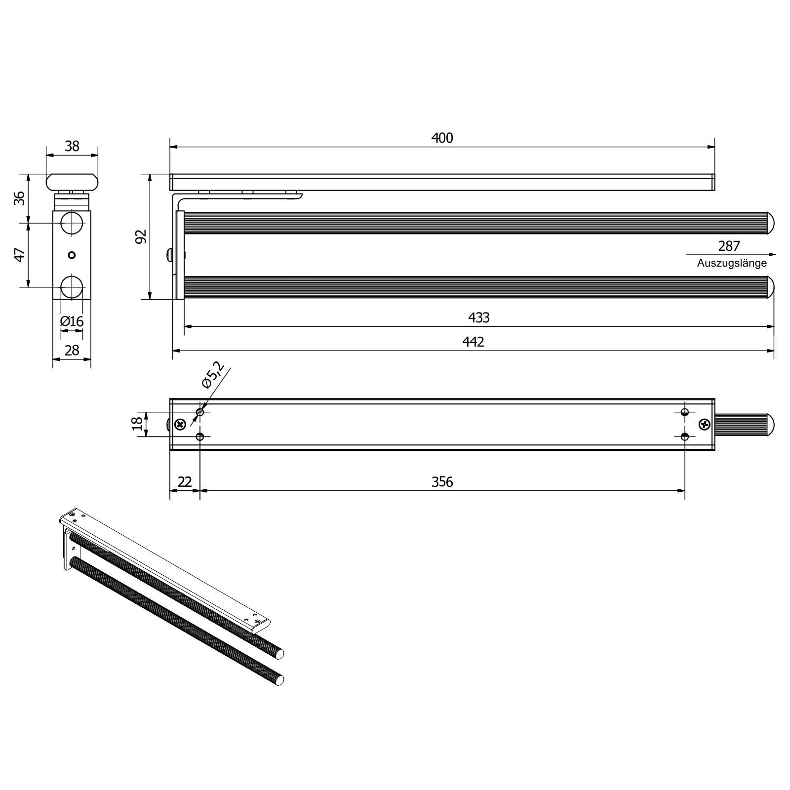 SOTECH Portasciugamani in alluminio TED a 2 bracci nero opaco (450-730 mm, estensibile, girevole) Portasciugamani telescopico adatto per bagno o cucina