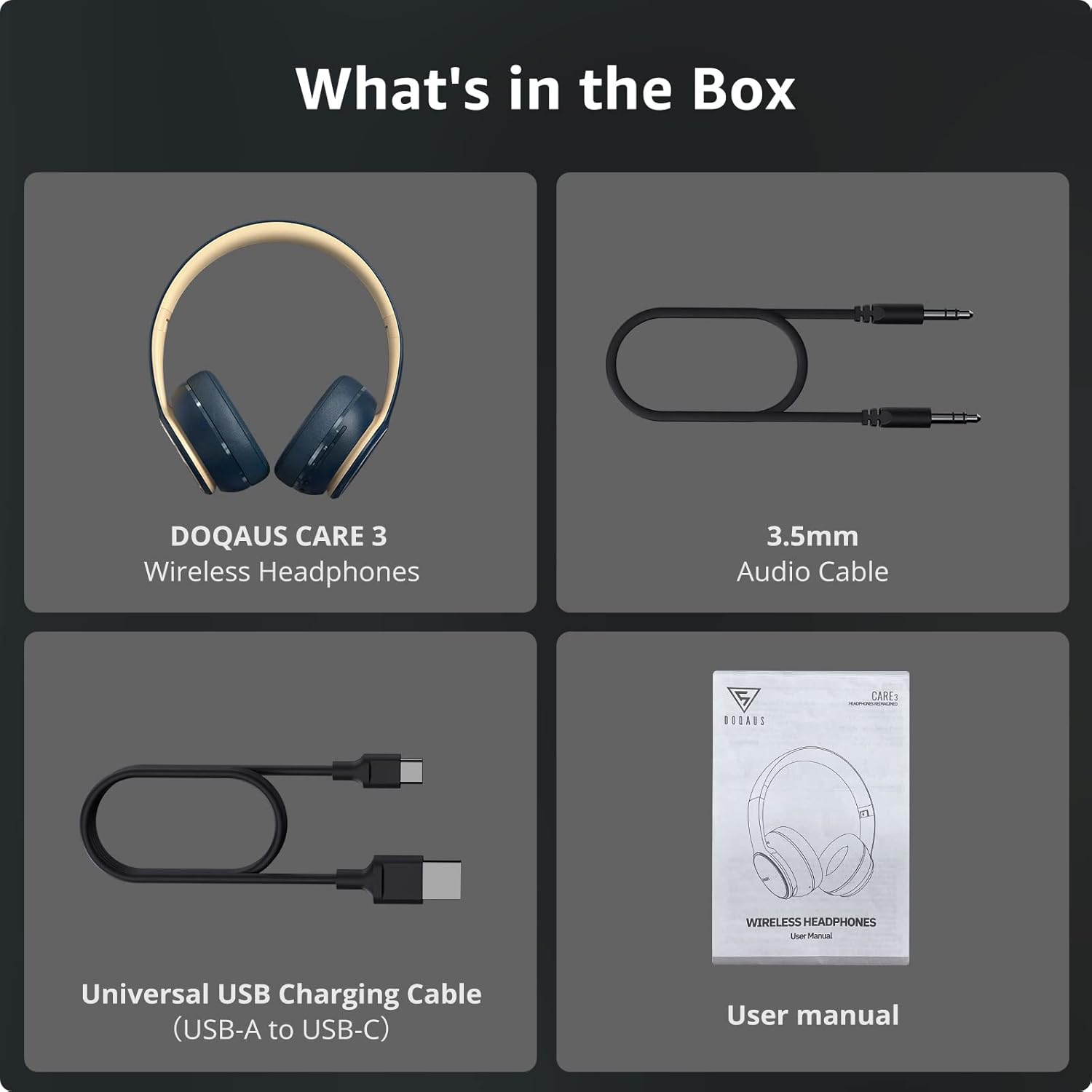 Contents of the DOQAUS CARE 3 headphone box including headphones, AUX cable, charging cable, and user manual