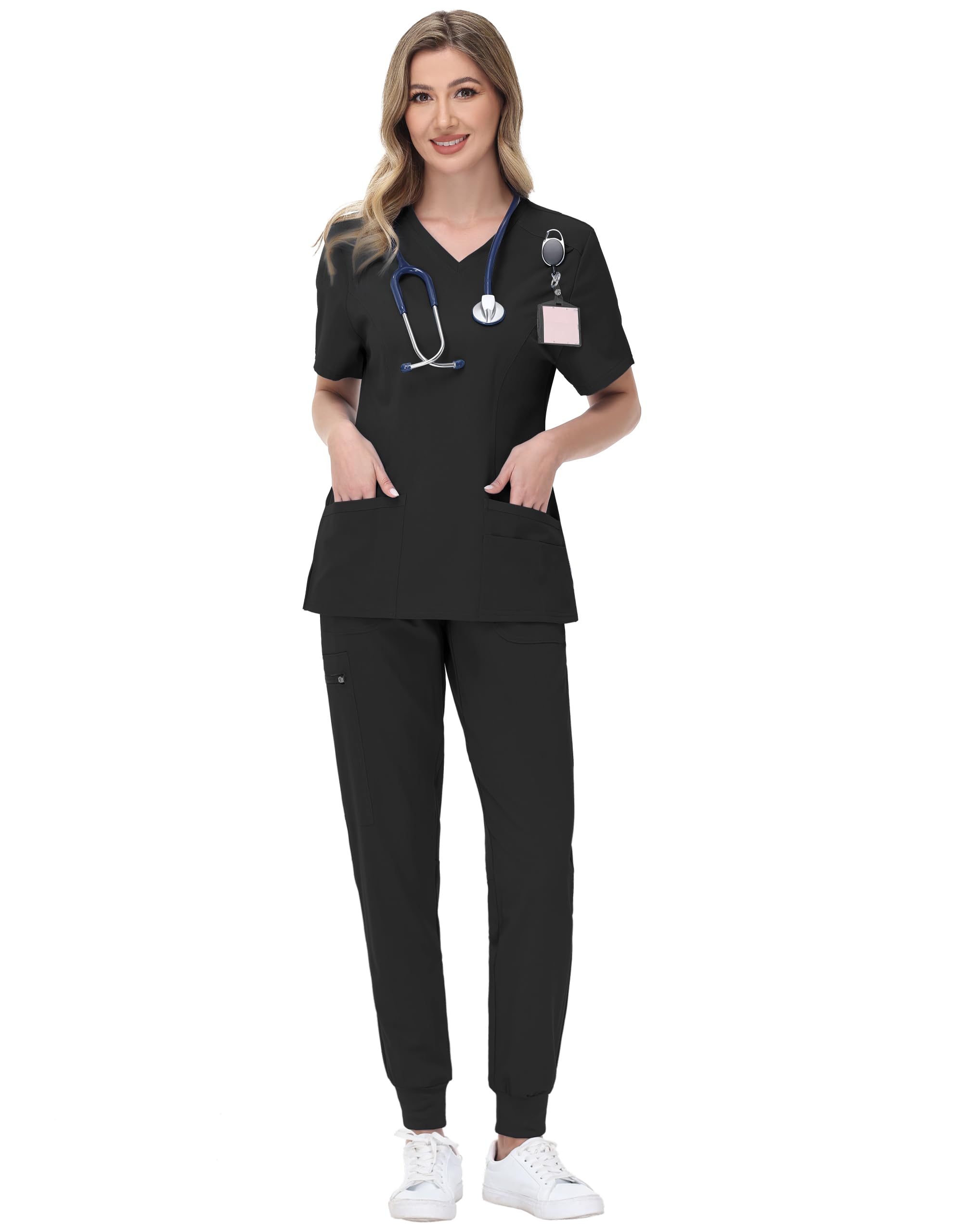 MIVEI Scrubs for Women Set Medical Uniform - Stretch V-Neck Top & 28" 30" Jogger Pant with 9 Pockets, Unisex Nurse Workwear