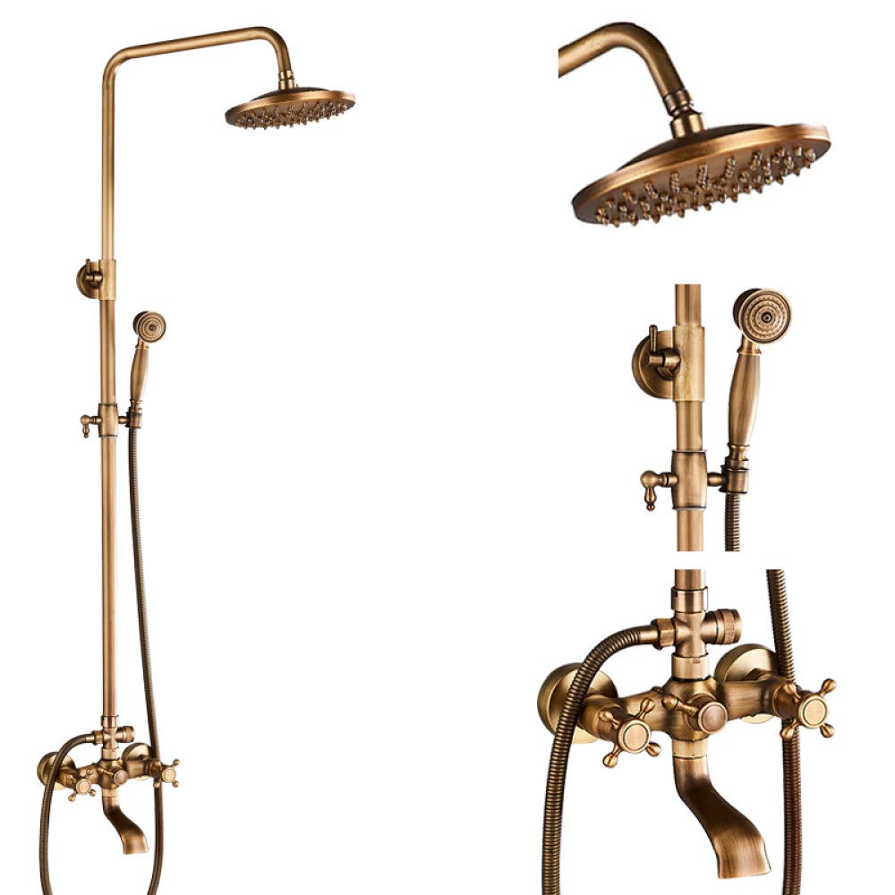 Robinet de douche en laiton antique pour baignoire avec ciel de pluie et étagère de bain