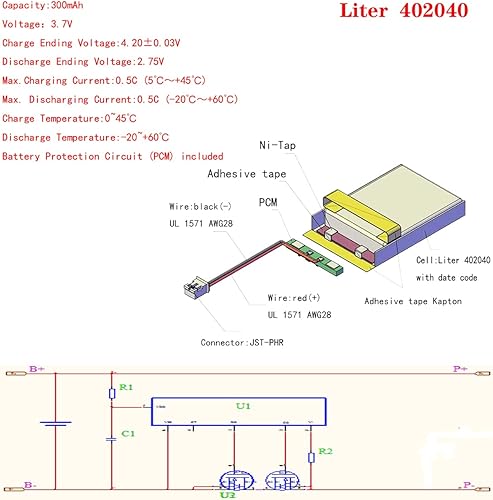 Miniatura 3 de Liter 3.7V 300mAh 402040 Lipo Batería recargable de iones de polímero de litio con conector JST 0.079 in