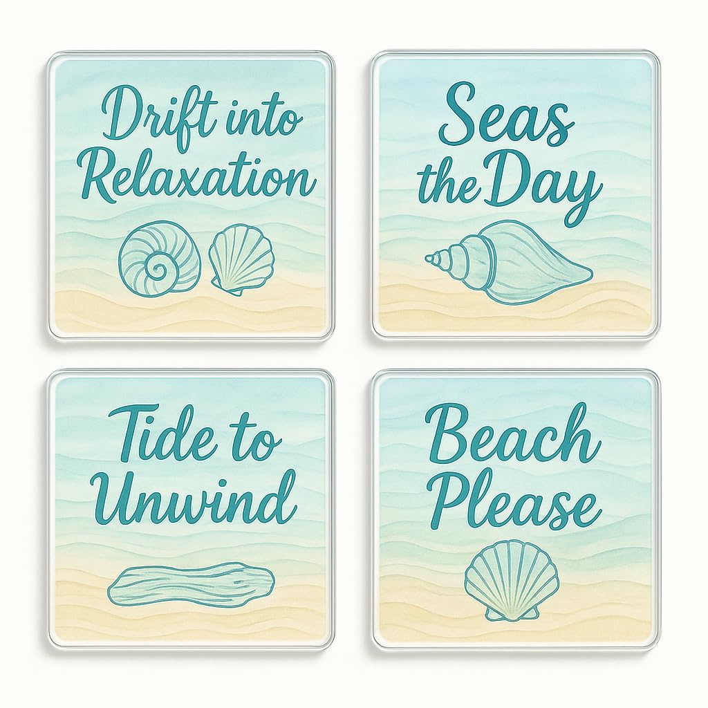 The Plum Penguin Coastal Calmset Acrylic Coaster Gift Set Of 4 With Coastal Calm Design - Serene Marine Home Decor For Relaxed Living Spaces