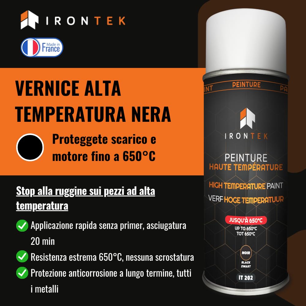IRONTEK Vernice Alta Temperatura Spray Nero 400ml | IT202 | Resistente 650°C | Antiruggine | Marmitta Freni Motore