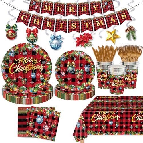 132 Pcs Christmas Party Supplies Cute Christmas Tree Theme Party Decoration Disposable Plates Disposable Dinner Dessert Napkins Tableware Decorations For Serves 20