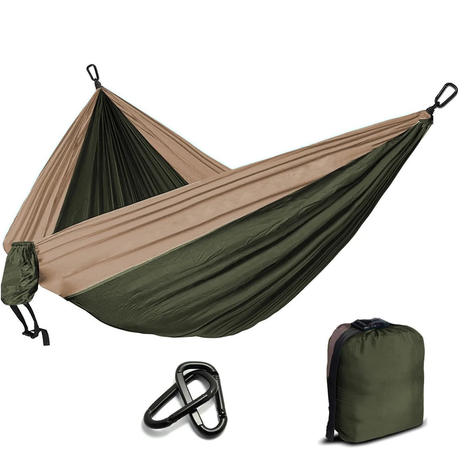 Amaca leggera da campeggio doppia, in tessuto paracadute, portatile, per esterni, per rilassarsi in giardino e dormire in viaggio (verde e kaki)