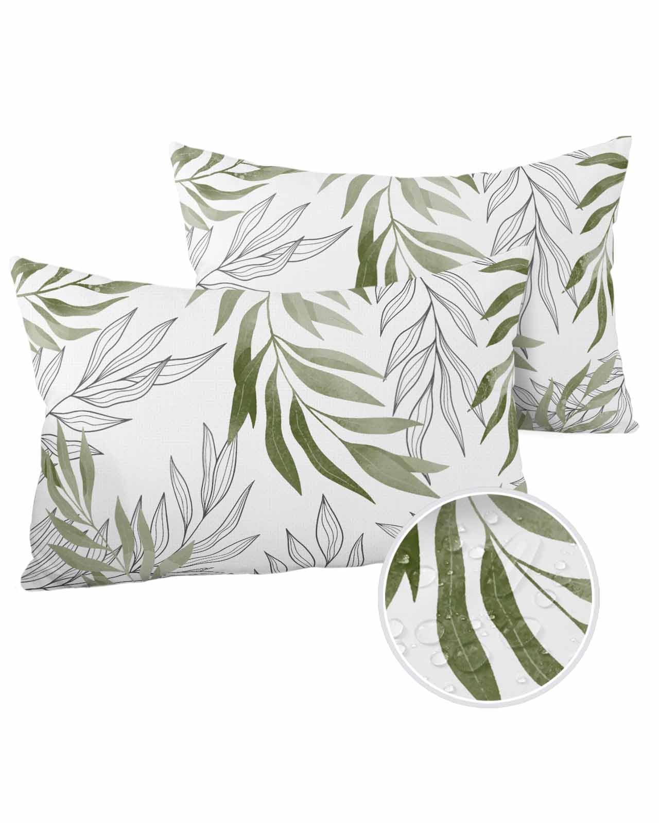 Edwiinsa Sage Green Leaves Outdoor Pillow Covers Waterproof, All Weather Cushion Case Set of 2, Geometric Black Lines White Simple Lumbar Pillowcase for Sofa Couch Bed Decor Patio Furniture 20