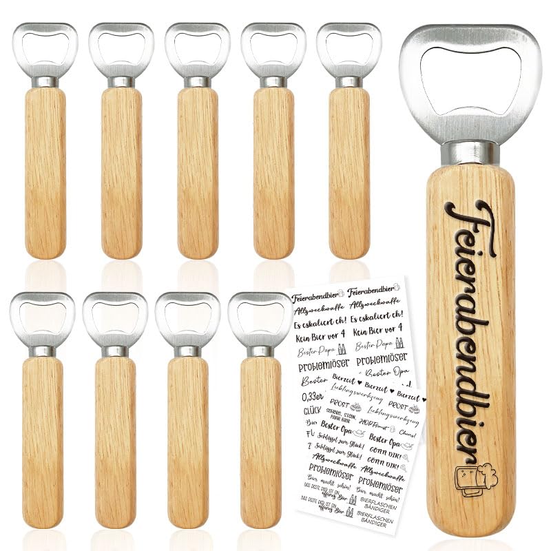 Flaschenöffner Holz 10 Stück Bieröffner mit Holzgriff DIY Gravur möglich inkl. 2 Rub-on Sticker Männer Geschenk Geschenk für Vater Freunde Geburtstag Vatertag