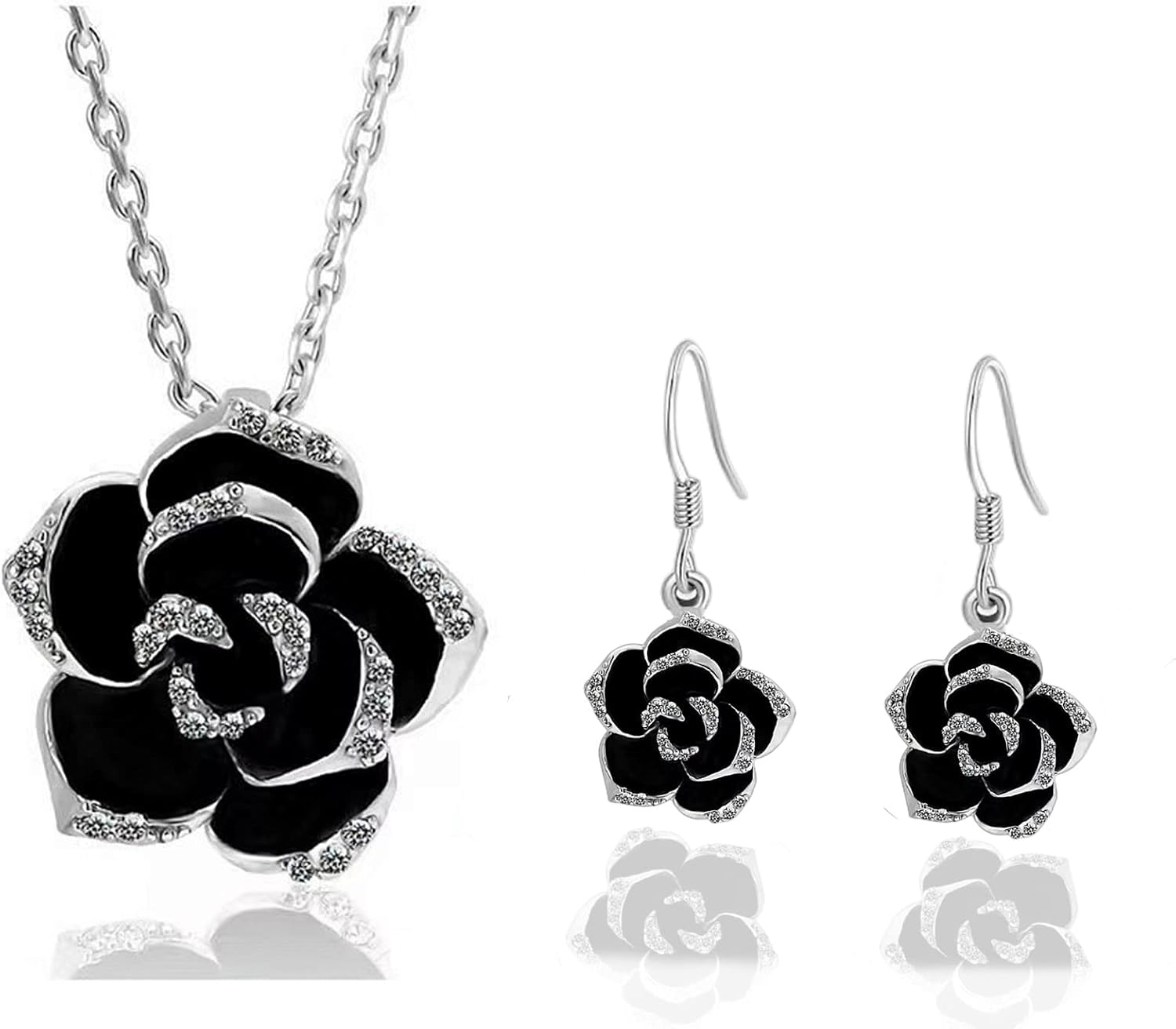 Black Rose Camellia Flower Pendant Necklace Dangle Hook Earrings Fashion Wedding Bridal Statement Enamel Flower Jewelry Sets for Women