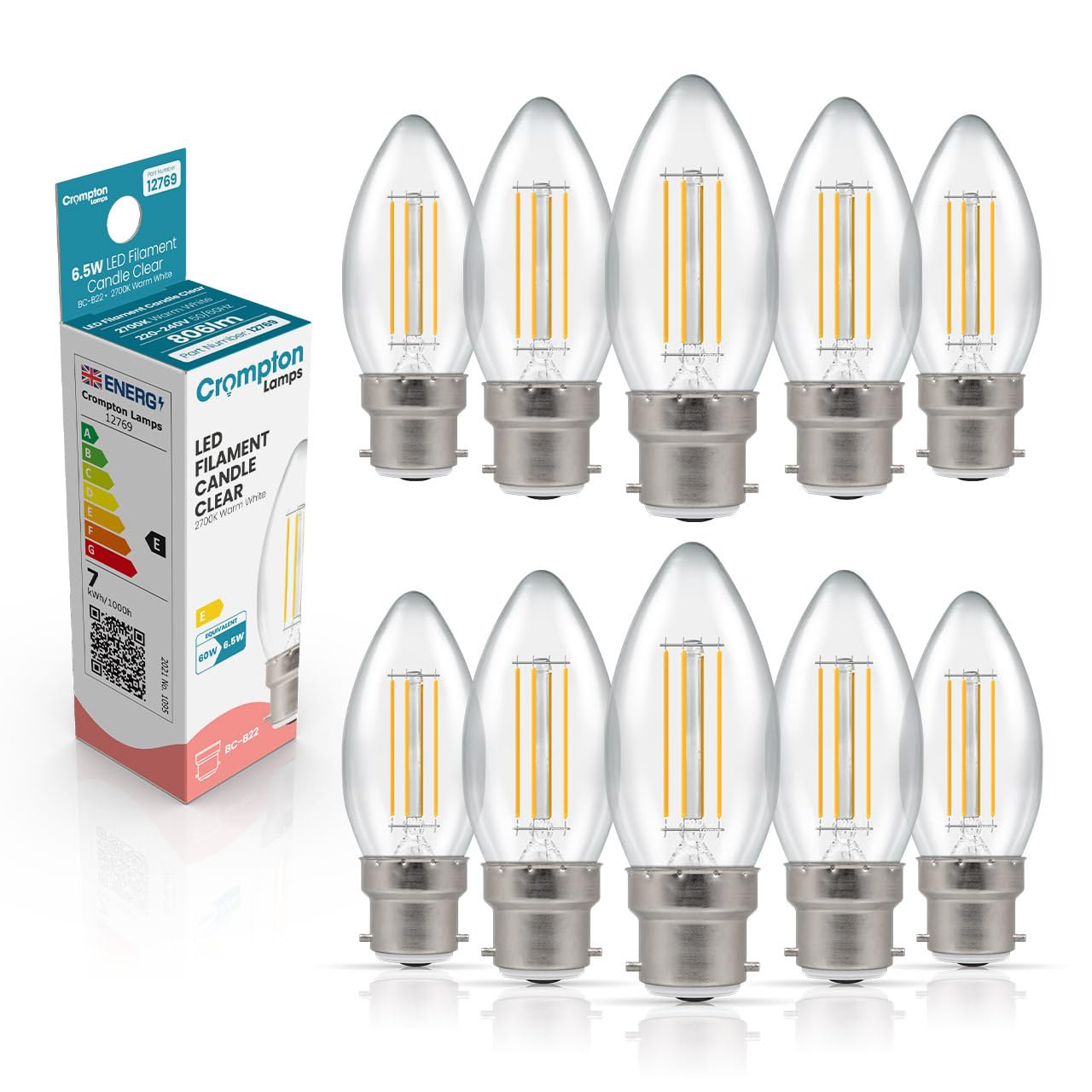 Crompton Lamps Filament Candle LED Light Bulb BC-B22d | 6.5W = 60W Equivalent | Warm White 2700K | Energy Efficient | Bayonet Lightbulb | Long Life 10000-Hrs | Clear Glass | 10-Pack