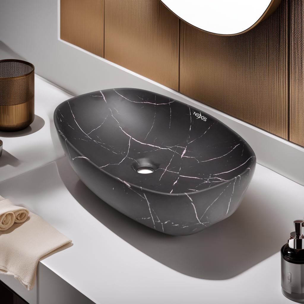 NEXIS Designer Ceramic Wash Basin For Bathroom | Over Counter Bathroom Basin | Counter Top Bathroom Sink | Wash Basin For Restaurant, Hotel (24 x 15 x 5 Inch) (Black N White Stripe) (B0CMXPG6KH) Amazon Price History, Amazon Price Tracker