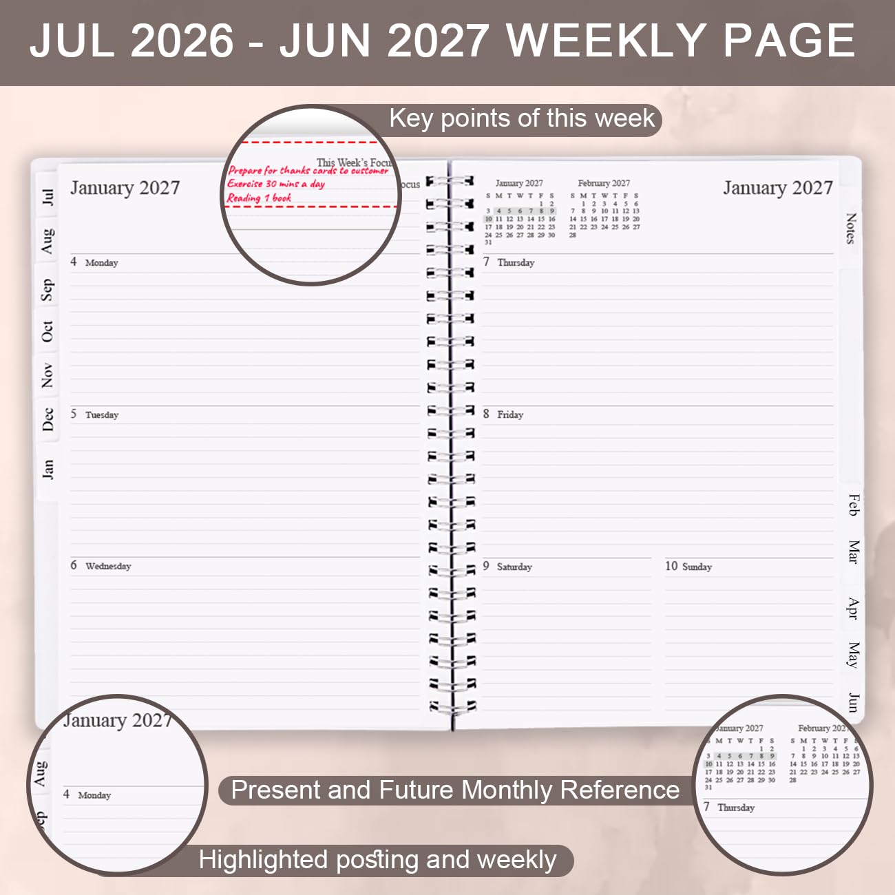Planer 2024-2025, planer tygodniowy i miesięczny, od lipca 2024 do czerwca 2025, 17,8 cm x 25,4 cm, 12 zakładek miesięcznych, kieszeń wewnętrzna, planer tygodniowy 2024-2025, elastyczna okładka