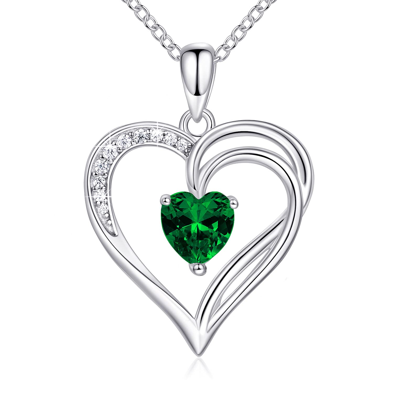 AM ANNIS MUNN925 Sterling Silver Heart Birthstone Necklace for Women - Double Heart Silver Jewelry Gifts for Mum Her