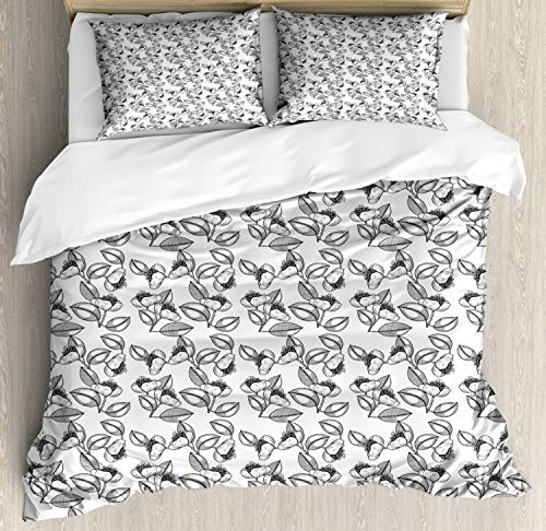 Ambesonne Floral Duvet Cover Set, Uncolored Summer Flowers with Stems Peduncle and Leaves Graphic, Decorative 3 Piece Bedding Set with 2 Pillow Shams, Queen Size, White Dimgray