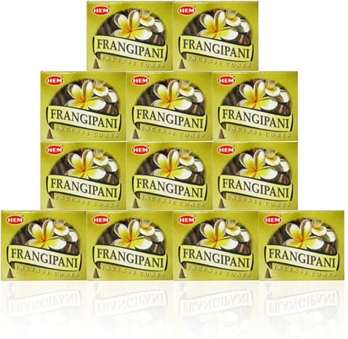 Hem Firangipani - Paquete de 12 cajas de conos de incienso, 10 conos cada una, tradicionalmente elaborados a mano en la India, la mejor fragancia
