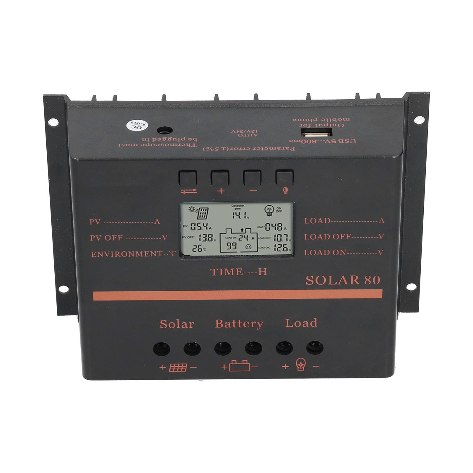 Controlador de Carga Solar PWM de 80 A para Electrodomésticos, 12 V/24 V con Salida USB de 5 V, Carcasa de ABS Duradera, Protección Múltiple para Sistemas de Iluminación, Gestión