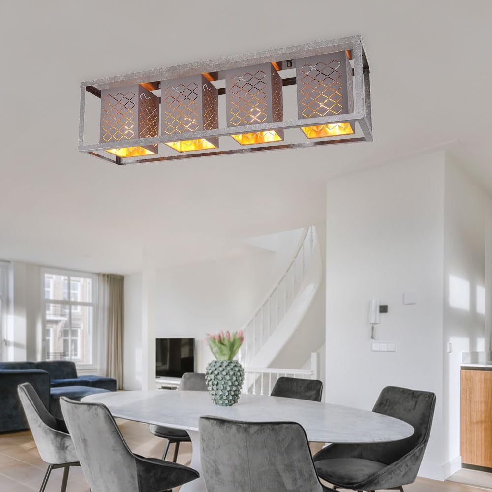 Deckenleuchte Wohnzimmerleuchte Deckenlampe Esszimmerlampe Stoff 4 flammig, Metall grau gold silber, 4x E27 Fassung, LxBxH 75x20x22,5 cm