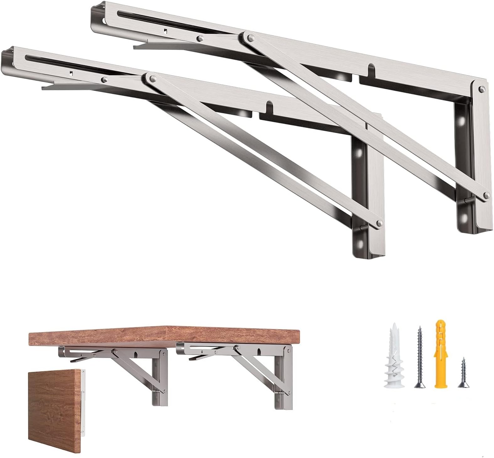 8-Inch Foldable Brackets for DIY Folding Shelves or Tables, L Shelf Brackets Collapsible, Heavy Duty Stainless Steel, Max Load 300lbs, Silver, 2 Pcs
