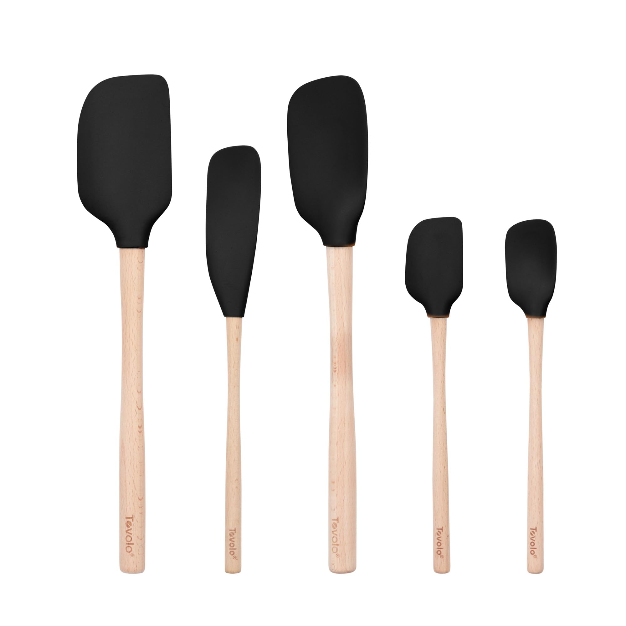 Juego de utensilios de silicona y mango de madera de 5 piezas (negro): espátula, espátula, raspador de tarros, mini espátula y mini cuchara