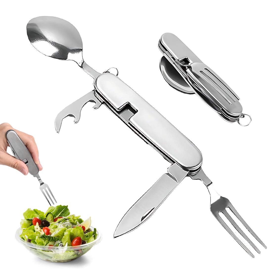 1 Set Posate Pieghevole, Utensile 4-in-1 Con Coltello, Forchetta, Cucchiaio E Apribottiglie, Ideale Per Viaggio, Picnic, Campeggio E Attività All'aperto.